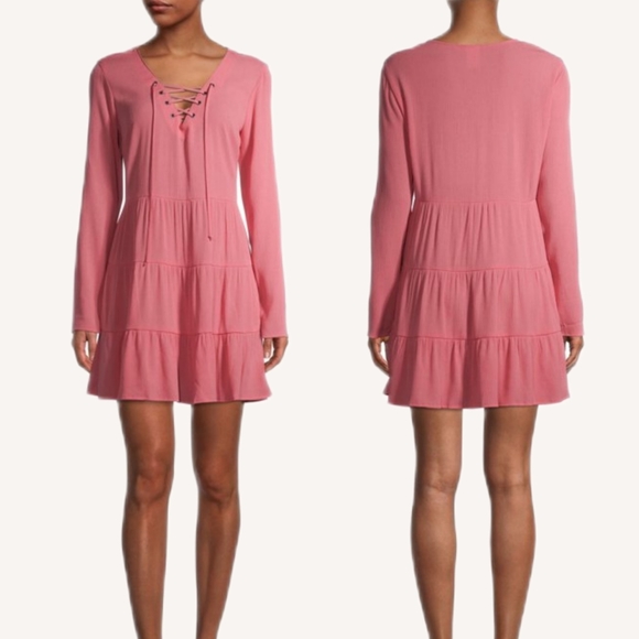 NOBO Dresses & Skirts - NOBO Juniors Peasant Tiered Flowy Tunic Dress Size Large Pink Long Sleeve V-Neck